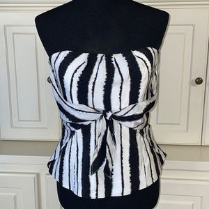 WHITE HOUSE BLACK MARKET black-and-white, striped strapless silk top. Size 6.